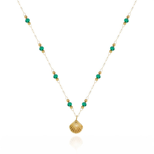colares de miçangas, colar de ouro 18k feminino, colares femininos de ouro, colares femininos banhado a ouro, Colar Feminino de Concha e Grânulo Verde Éclat