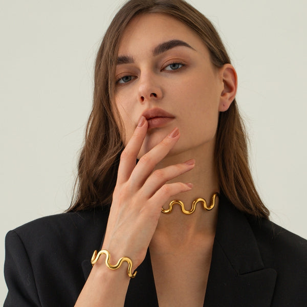 pulseira banhado a ouro feminina, pulseira banhado a ouro 18k, pulseira banhado a ouro, kit colar e pulseira banhado a ouro, Pulseira Feminina de Aço Inoxidável Banhado a Ouro Glam
